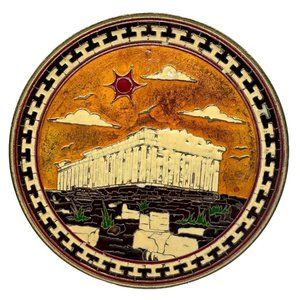 Vintage Brass Cloisonne Plate Wall Hanger Display 6.5" Greek Parthenon Decor